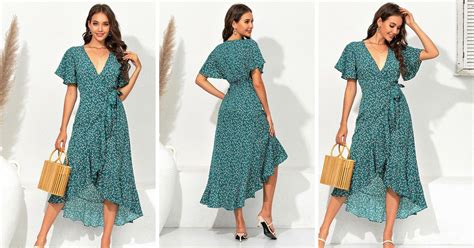 Floral Print Angel Sleeve Wrap Midi Dress In Green Fs Collection