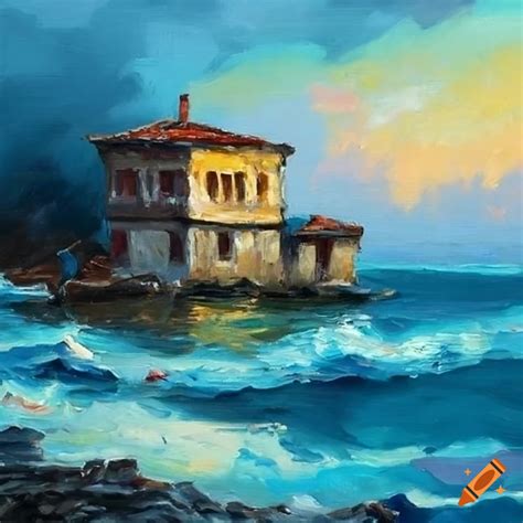 Oil Painting Of A Stormy Sea And An Old Bulgarian House