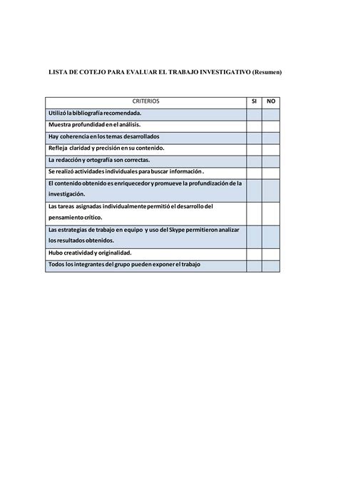 Lista S De Cotejo Para El Resumen Trabajo Investigativo Docx