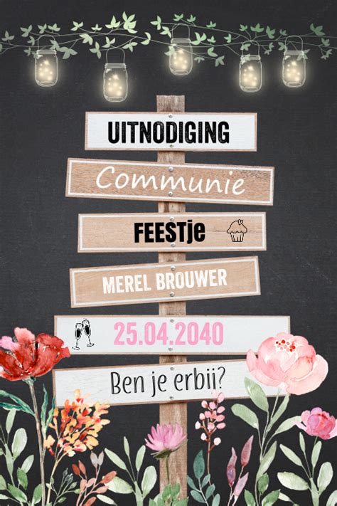 Communiekaart Meisje Lampjes Wegwijzer Bloemen