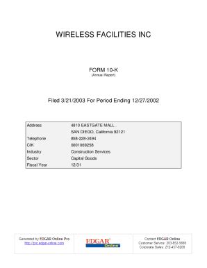 Fillable Online WIRELESS FACILITIES INC Fax Email Print PdfFiller