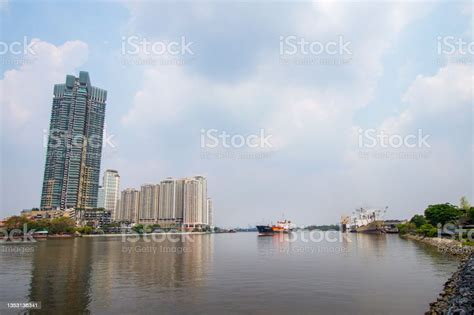 Cargo Ships On The Chao Phraya River Along With The Beautiful Scenery