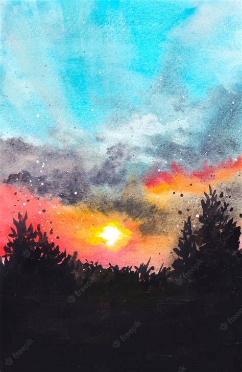 Premium Photo A Beautiful Sunset Landscape Watercolor Painting Background