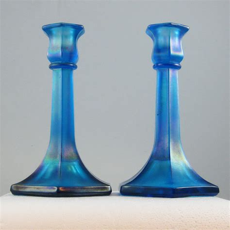 Antique Northwood Sapphire Blue 658 Stretch Glass Candle Sticks Carnival Glass