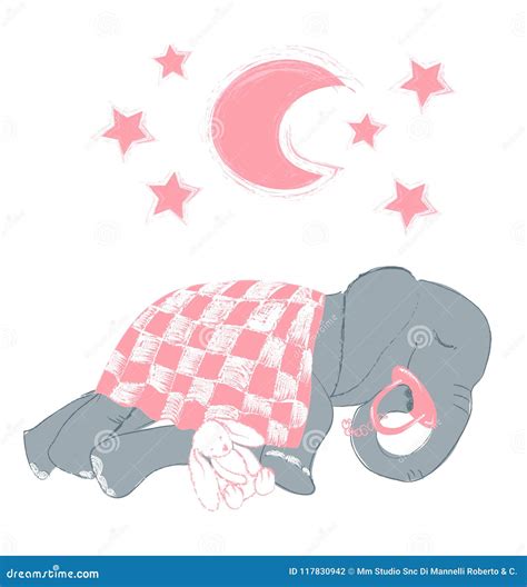 Hand Drawn Vector Illustration With A Cute Baby Elephant Sleeping