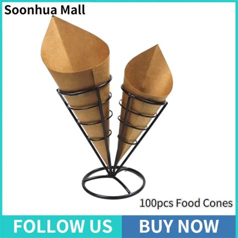 100pcs Disposable Food Cones French Fries Cone Kraft Paper Cups Holder