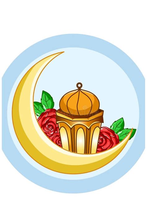 Gold Moon With Lantern At Ramadan Mubarak Cartoon Illustration Stock