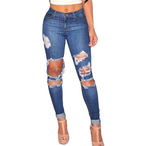 Womens Bleached Ripped High Waist Elastic Denim Leggings Blue Ripped