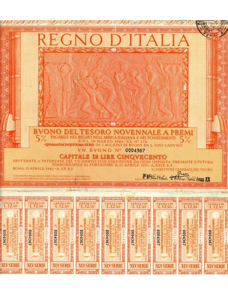 1942 04 Buono Del Tesoro Novennale A Premi 5 Lire 500 Roma