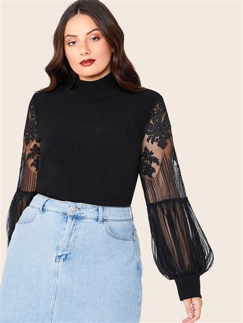 Shein Plus Mock Neck Lace Lantern Sleeve Fitted Top Plus Size Blouses