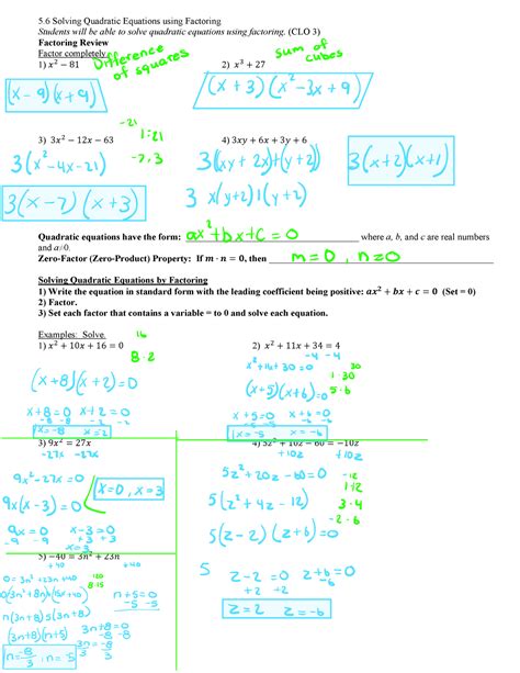 Solving Quadratic Equations Clo 3 Factoring Review Factor