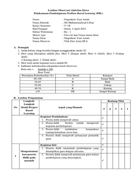 Lembar Observasi Aktivitas Siswa Pbl Pdf