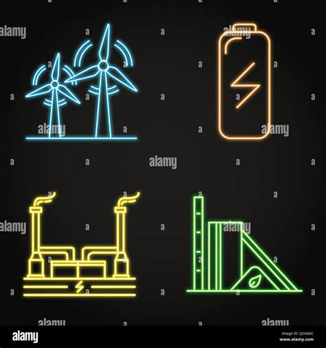 Renewable Energy Neon Icon Set In Line Style Wind Turbine Geothermal