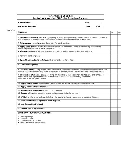 Cvl Picc Dressing Change Performance Checklist Central Venous Line