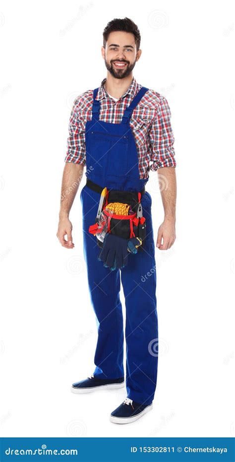 Full Length Portrait Of Construction Worker With Tool Belt Stock Image