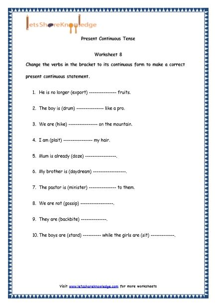 Grade 4 English Resources Printable Worksheets Topic Present Continuous Tenses Lets Share