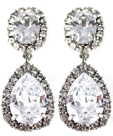 Silver Large Crystal Studded Double Drop Clip On Earrings Large