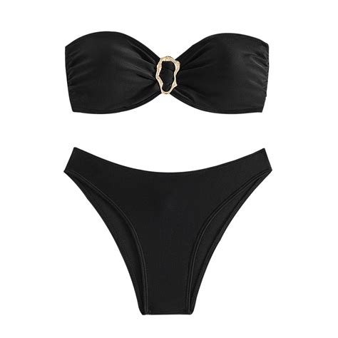 Swimsuits For Women Solid Color Strapless Backless Gathering Separate Bikini Black Women S