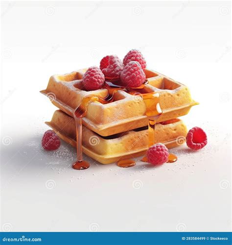 Ultra Realistic 4k Waffles With Syrup And Raspberries On White