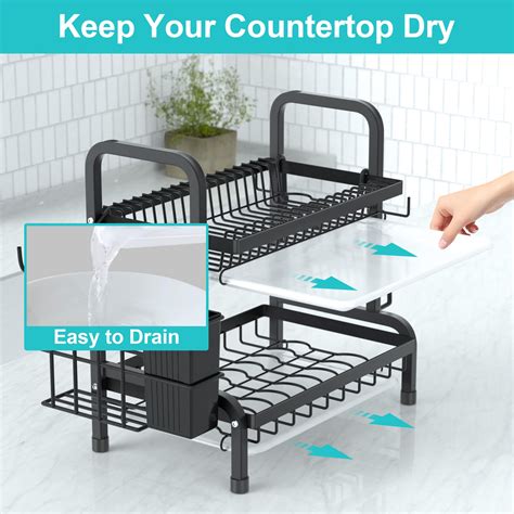 2 Tier Black Dish Drainer Rack Stainless Steel Dish Drying Rack