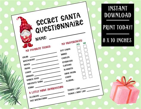 Printable Secret Santa Questionnaire For Christmas Gift Exchange