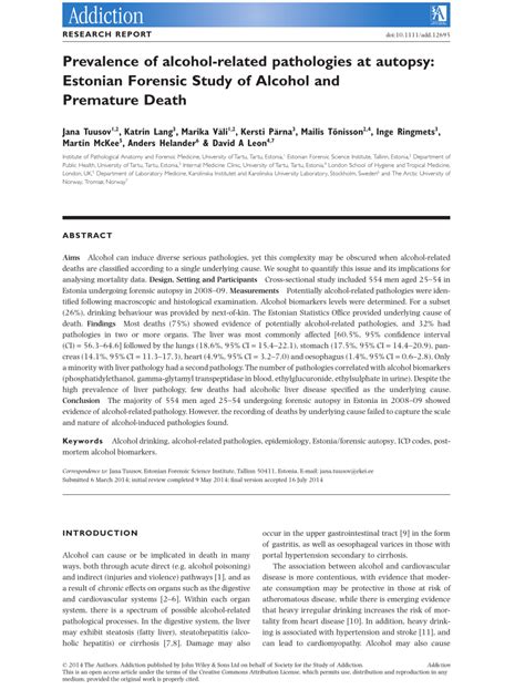 Pdf Prevalence Of Alcohol Related Pathologies At Autopsy Estonian