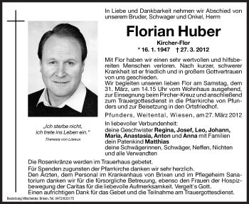 Traueranzeigen Von Florian Huber Trauer Bz