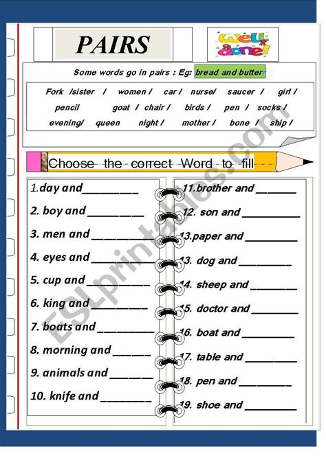 Words Pairs Esl Worksheet By Jhansi English Worksheets For Kids