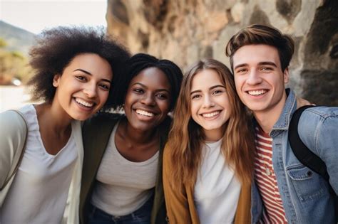 Premium Photo Multiethnic Young Friends Smiling At Camera