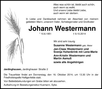 Traueranzeigen Von Johann Westermann Trauer Kreiszeitung De