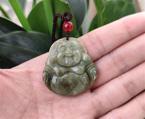 Authentic Laughing Buddha Jadeite Jade Pendant Necklace Natural Burmese