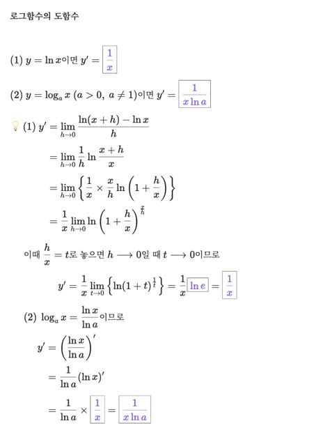 수학 개념 지수함수와 로그함수의 도함수 공식 수학대왕