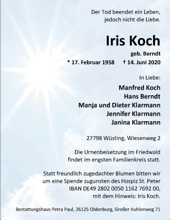 Traueranzeigen Von Iris Koch Nordwest Trauer De