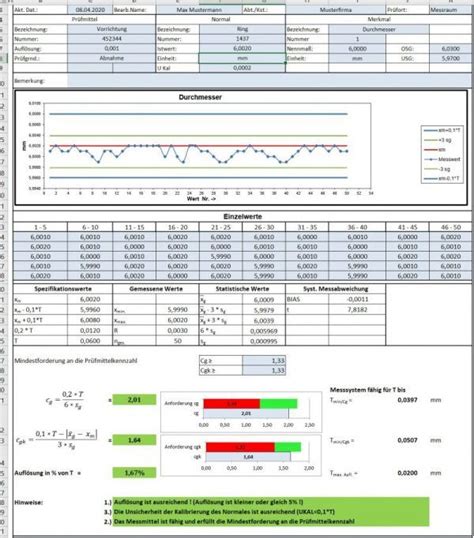 MSA Messsystemanalyse Messmittelfähigkeit kostenlose Excel Vorlage