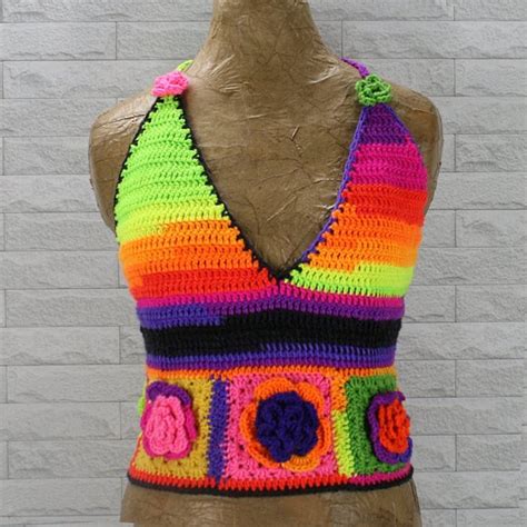 Hand Crafted Tops Hand Crafted Crop Top Crochet Halter Colorful