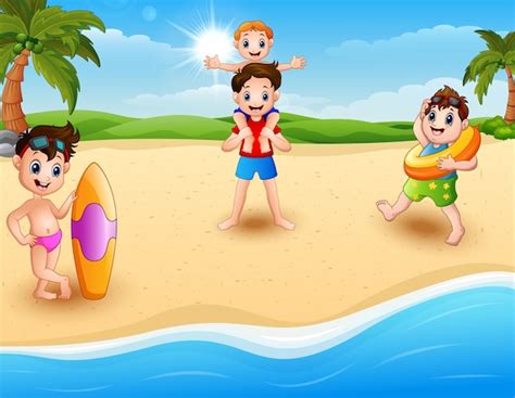 Vacaciones De Niños En La Playa Vector Premium