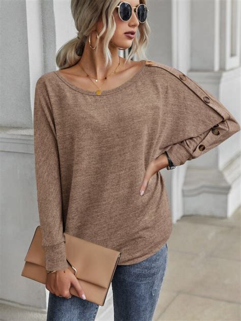 SHEIN LUNE Button Detail Batwing Sleeve Tee SHEIN USA