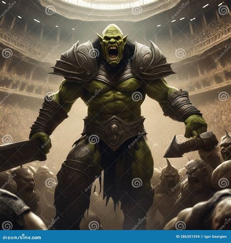 A Thrall Orc Gladiator In A Crowded Coliseum Screaming With An Ax In