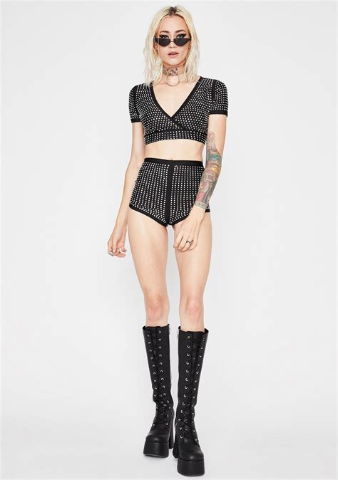 Rhinestone Crop Top And Booty Shorts Set High Waist Black Dolls Kill