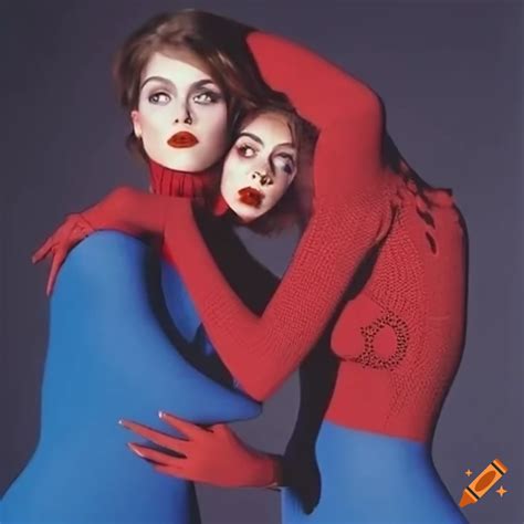 Unique Two Headed Woman Illusion With Connected Red Turtleneck Sweater