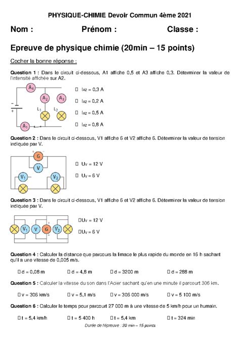 Devoir commun 4ème PC 2021 - PHYSIQUE-CHIMIE Devoir Commun 4ème 2021