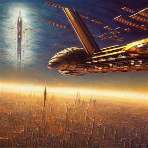 Cyberpunk Starship Soaring Over City Atmospheric Stable Diffusion