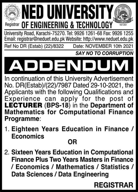 Ned University Of Engineering And Technology Neduet Jobs 2021 2025 Job