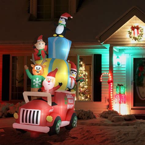 Outsunny 9ft Xmas Blow Up Vehicle Santa Elk Elf Penguins In Led Lit