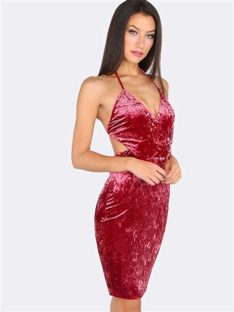 Crushed Velvet Surplice Dress Wine Shein Sheinside