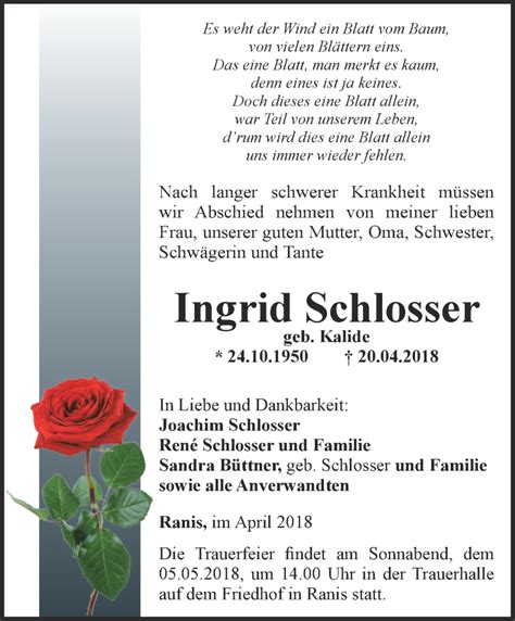 Traueranzeigen Von Ingrid Schlosser Trauer In Thueringen De