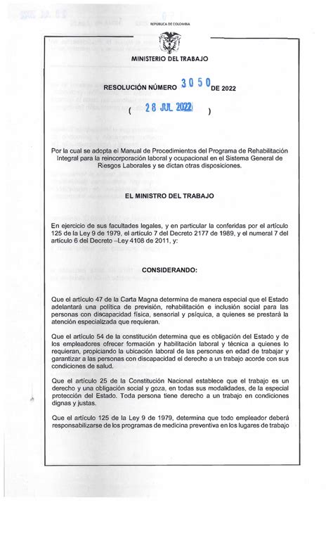 ResolucióN 3050 DE 2022 Nuevo Manual de Rehabilitación Integral en el