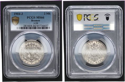 1904 J Kaiserreich 2 Mark 1904 J Bremen PCGS Zertifiziert PCGS MS66