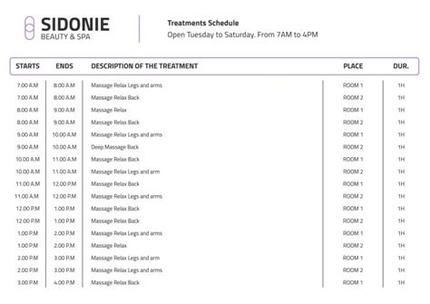 Free Aesthetic Buffay Spa Schedule Template To Edit