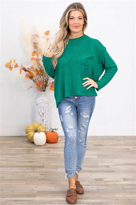 Jade Waffle Knit Sweater With Pocket · Filly Flair